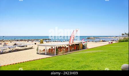 Panorámica de la playa de Sitges, Barcellona, Catalunya, España, Europa Foto Stock