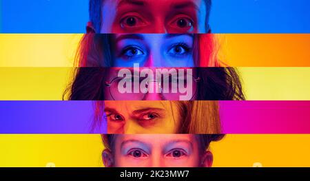 Immagine composita verticale di occhi maschi e femmine ravvicinati isolati su backgorund colorato a strisce al neon. Concetto di uguaglianza, unificazione di tutte le nazioni Foto Stock