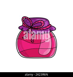 Carino vaso di confettura di fragole isolato su sfondo bianco. Illustrazione vettoriale disegnata a mano in stile csrtoon. Colori rosa Illustrazione Vettoriale