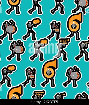 Sequenza di bande musicali Skeleton senza interruzioni. Scheletri musicisti orchestra sfondo. Texture vettoriale Illustrazione Vettoriale