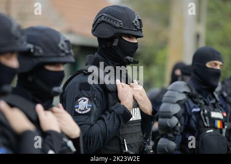 Sarulesti, Romania - 22 settembre 2022: Dettagli con la brigata antiterrorismo del giandarmi rumeno (polizia antisommossa). Foto Stock