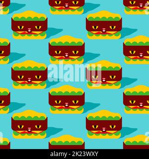Burger gatto modello di cartone animato senza cuciture. Hamburger gatto sfondo Illustrazione Vettoriale