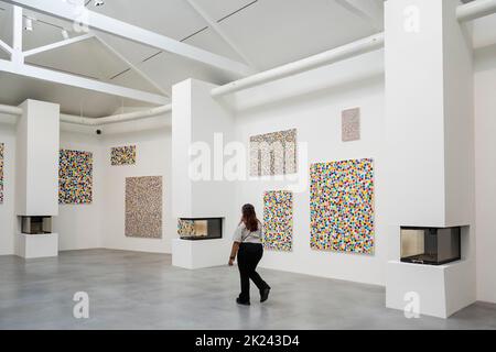 Londra, Regno Unito. 22 settembre 2022. Anteprima di ‘The Currency’ di Damien Hirst, un’opera composta da 10.000 dipinti simili ma unici in stile banconota di grandi dimensioni, che Hirst come immaginato, potrebbe essere utilizzata come forma di moneta fatta a mano in forma digitale (NFT, gettone non fungibile) o fisica. 5.149 dipinti fisici sono stati venduti e i loro NFT distrutti. NFTS di 4.851 dipinti sono stati venduti e i loro equivalenti fisici sono ora in mostra al pubblico, ma saranno bruciati (in forni nella foto) presso la Newport Gallery di Lambeth tra il 23 settembre e il 31 ottobre 2022. Credit: Stephen Chung / Alamy Live News Foto Stock