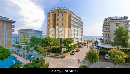 Lido di Jesolo, Italy - September 18, 2014: Sunny view at one of the street of Lido di Jesolo near Venice, Veneto region, Italy. Stock Photo