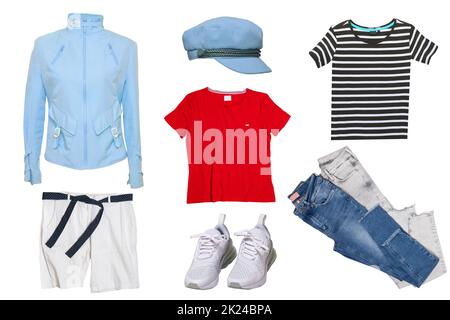 Collage donna vestiti. Set di giacca, shorts, camicie o camicie, giubbotti, scarpe, jeans e cappuccio eleganti e di lusso da donna Foto Stock