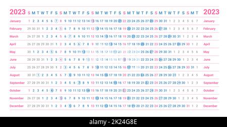 Calendario lineare blu e rosa modello 2023 con fasi lunari. La settimana inizia la domenica. Calandra da parete in stile minimalista. Pianificazione mensile del ciclo. Orizzontale Illustrazione Vettoriale