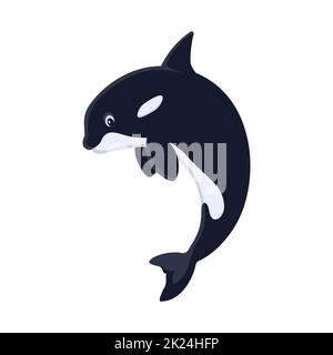 Cartoon killer balena. Illustrazione vettoriale di divertente carino cartone animato salto killer balena isolato su bianco. Design piatto. Illustrazione Vettoriale