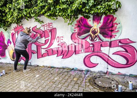 WETZLAR, GERMANIA - 23.05.2021: Giovane artista femminile facendo tipografia artificiale graffiti senico colorato sulla facciata della casa a WETZLAR; GERMANIA Foto Stock