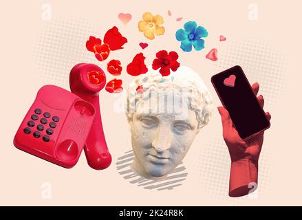 Gadget moderno e statua classica. Mani estetiche su sfondo luminoso, opere d'arte. Concetto di relazione umana, comunità, convivenza, simbolismo, surrea Foto Stock