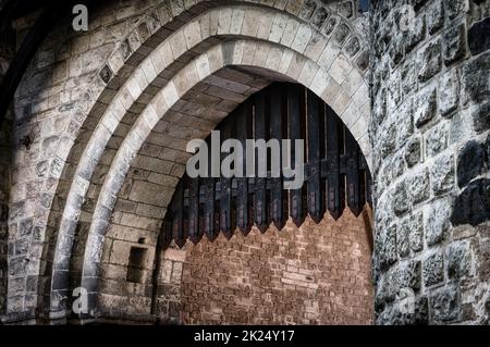 portculli in legno con punte di metallo su un cancello medievale della città di colonia Foto Stock