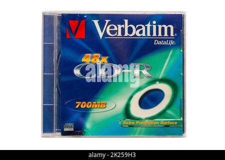 Verbatim Datalife CD-R 700MB disco compatto registrabile in superficie con protezione aggiuntiva isolato su sfondo bianco Foto Stock