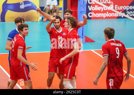 Esultazione della squadra francese. Durante il Campionato europeo U20 - Slovenia vs Francia, Volley Intenationals a Montesilvano/vasto, 22 2022 settembre Foto Stock