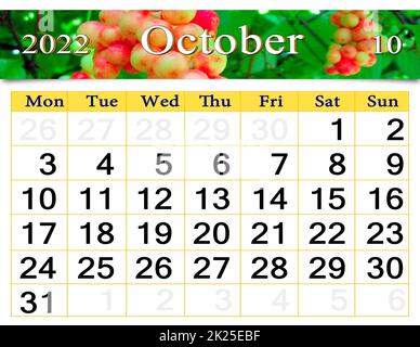 ottobre 2022 calendario per l'organizzatore di pianificare e ricordare con foto naturale Foto Stock