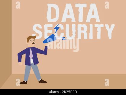 Testo che mostra Inspiration Data Security. Word for Confidentiality Disk Encryption Backups Password Shielding Man Standing gridando su Megaphone presentando un nuovo annuncio. Foto Stock