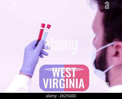 Didascalia di testo che presenta West Virginia. Business Approach United States of America state Travel Tourism Trip Historical Research Scientist presenta New Medicine, Research Preventive Measure Foto Stock