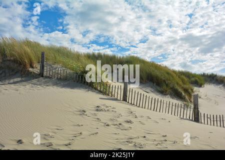 Duna di sabbia con erba spiaggia e recinzione di legno Foto Stock