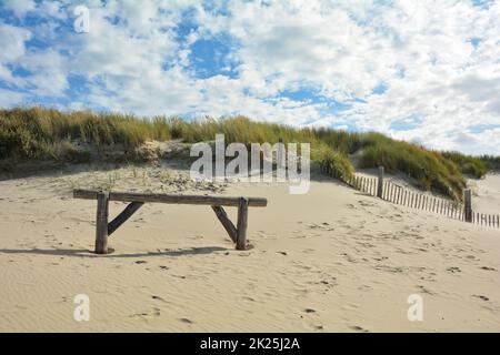 Duna di sabbia con erba spiaggia e una recinzione di legno Foto Stock