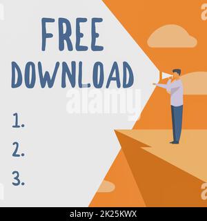 Download gratuito di sottotitoli concettuali. Panoramica aziendale chiave in transfigura Inizializza Freebies Wireless Images Business man Drawing Standing in Cliff usando Megaphone Making Announcement. Foto Stock