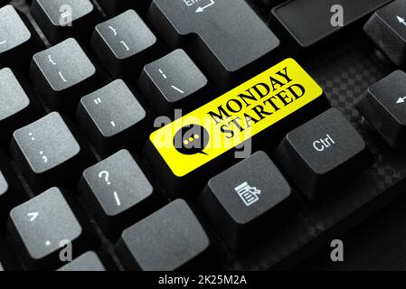 Cartello di testo che mostra lunedì iniziato. Parola scritta su ottenere pronto per il nuovo riposo di settimana è sopra lascia iniziare il lavoro Abstract creazione di lavori di trascrizione in linea, digitando le descrizioni di Web site Foto Stock