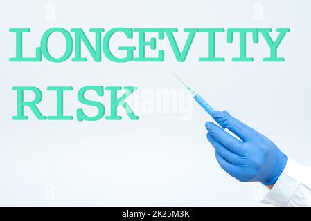 Scrittura che mostra il rischio di longevità del testo. Parola scritta su potenziale minaccia a causa di una maggiore durata di vita dei pensionati ricercatore visualizzazione del metodo di prevenzione virus, nuove idee cura infezione Foto Stock