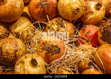 Primo piano melograno. Composizione e sfondo di melograno. Cibo naturale biologico Foto Stock