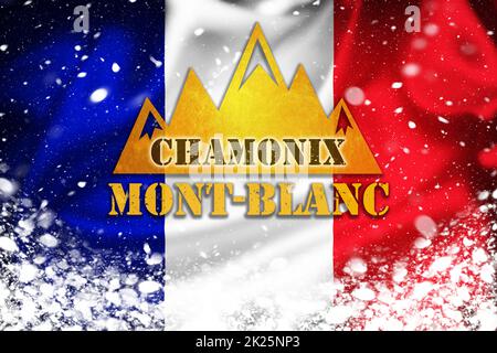 Illustrazione banner Chamonix-Mont-Blanc sulla bandiera francese e lo strato di neve, famosa destinazione sciistica Foto Stock