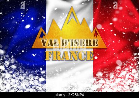 Illustrazione banner Chamonix-Mont-Blanc sulla bandiera francese e lo strato di neve, famosa destinazione sciistica Foto Stock