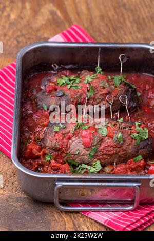 Primo piano di un tedesco di involtino di carne Foto Stock