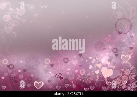 Modello di biglietto giornaliero per San Valentino o le madri. Astratto delicato romantico illustrato rosa chiaro sfumatura viola fondo texture con cuori e stelle bokeh. Bellissimo sfondo. Foto Stock