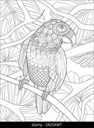 Uccello in piedi su disegno di linea di ramo di albero con foglie sfondo dettagliato colorare Libro Foto Stock