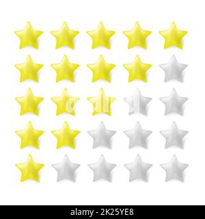 Valutazione di cinque stelle per il Web. Giallo oro e grigio Gradient Star con ombra. Concetto di feedback del cliente Foto Stock