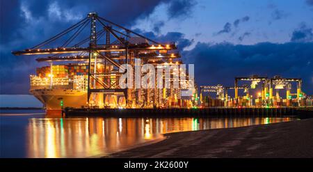 Porto di Felixstowe Porto container nave con contenitori di spedizione in molo di notte Felixstowe container porto Felixtowe Suffolk Inghilterra UK GB Europa Foto Stock