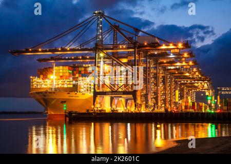 Porto di Felixstowe Porto container nave con contenitori di spedizione in molo di notte Felixstowe container porto Felixtowe Suffolk Inghilterra UK GB Europa Foto Stock