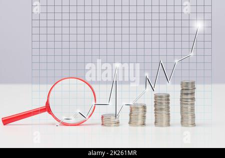 Grafico di incremento della pila di monete con frecce. Gestione del rischio business finanziario e investimenti, tabella bianca Foto Stock