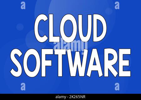 Software per cloud didascalie concettuali. Panoramica aziendale programmi utilizzati per archiviare i dati di accesso tramite la linea Internet sfondi illustrati con varie forme e colori. Foto Stock