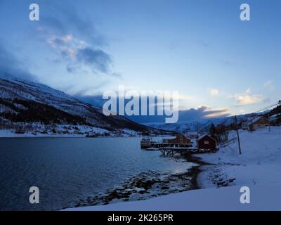 Fiordo in inverno, Kvaloya, Norvegia Foto Stock