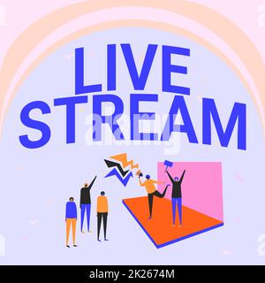 Segno che mostra Live Stream. Concetto che significa trasmettere un materiale video o audio con l'uso di Internet Illustrazione di coppia sul palcoscenico che fa l'annuncio alla piccola folla. Foto Stock