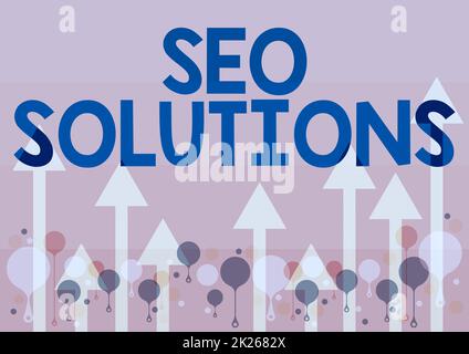 Segno di scrittura a mano Seo Solutions. Vetrina di affari Search Engine Result Page aumentare gli ospiti da Rankings Illustrazione di Una lunga freccia che galleggianti uniformemente verso l'alto del cielo Foto Stock