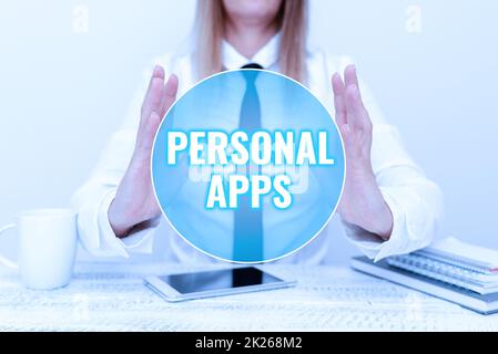 Testo che mostra le app personali Inspiration. Business Concept Organizer Calendario online informazioni private Data App Developer Presentazione del nuovo programma, visualizzazione del dispositivo aggiornato Foto Stock