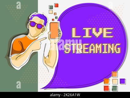 Scrittura a mano di testo Live Streaming. Idea aziendale visualizzazione di contenuti audio o multimediali tramite dispositivi digitali disegno di linea per Guy Holding Phone Presentazione di nuove idee con Speech Bubble. Foto Stock