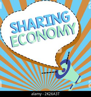 Sottotitoli concettuali Sharing Economy. Word per un sistema in cui le risorse sono condivise privatamente tra gli individui Illustrazione di Un altoparlante di Megaphone che fa i nuovi annunci Foto Stock