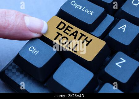 Testo che mostra ispirazione morte Toll. Parola scritta sul numero di morti derivanti da un particolare incidente digitando dispositivo Manuale di istruzioni, pubblicazione della revisione del prodotto online Foto Stock