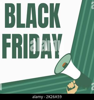 Didascalia concettuale Black Friday. Panoramica di affari un giorno in cui il venditore segna i loro prezzi in giù esclusivamente per l'illustrazione dell'acquirente di mano che tiene Megaphone che fa l'annuncio wonderfull. Foto Stock