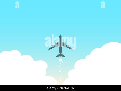 Illustrazione di Airplane che lancia Fast Straight Up to the Skies. Aircraft Drawing Flying High a Sky. Jet Design galleggiante in aria con nuvole. Foto Stock