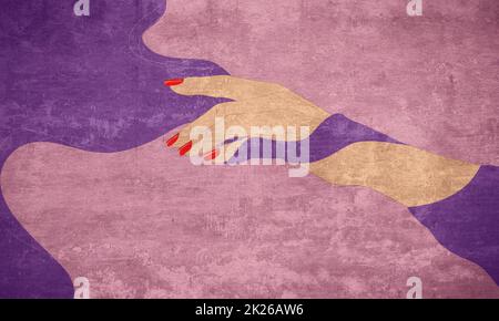 Mano umana con pelle caucasica e unghie quadrate ricoperte di smalto rosso su motivi geometrici decorativi illustrazione testurizzata. Foto Stock