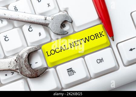 Simbolo di testo che mostra la rete locale. Approccio aziendale Intranet LAN radio Waves DSL Switch Boradband Connection Typing Firewall Program Codes, typewriting Rules and Regulations Book Foto Stock