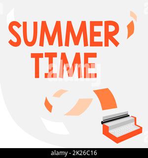 Didascalia concettuale ora legale. Parola per la stagione più calda dell'anno caratterizzata da brevi notti Vintage Typewriter Drawing con Multiple Floating Papers. Foto Stock