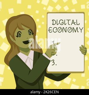 Visualizzazione concettuale Economia digitale. Parola scritta sull'avanzamento dell'economia costruita usando la tecnologia moderna Business Woman Drawing Holding White Board Presentazione Annunci Foto Stock