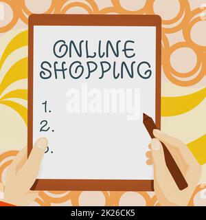 Scrittura di testo di visualizzazione Shopping online. Commercio elettronico di idea di affari che ha lasciato il consumatore comprare le merci usando il disegno del Internet di entrambe le mani che tiene il tablet leggermente che presenta le idee meravigliose Foto Stock