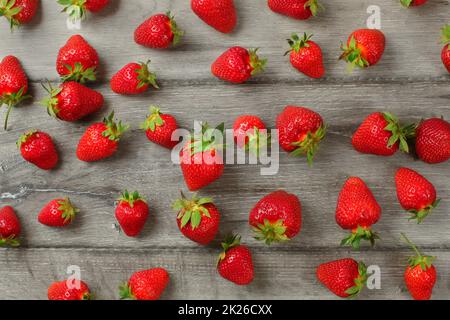 Vista del piano portapaziente - fragole mature appena raccolto, su grigio di tavole di legno. Foto Stock